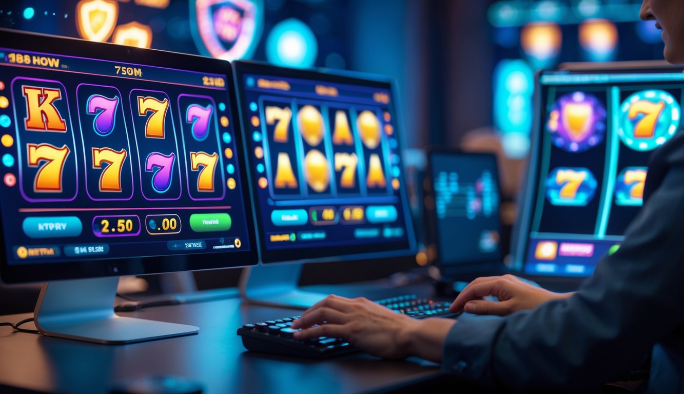 Seseorang menggunakan komputer dengan layar menampilkan permainan slot online yang berwarna-warni dan dinamis di meja kerja yang rapi.