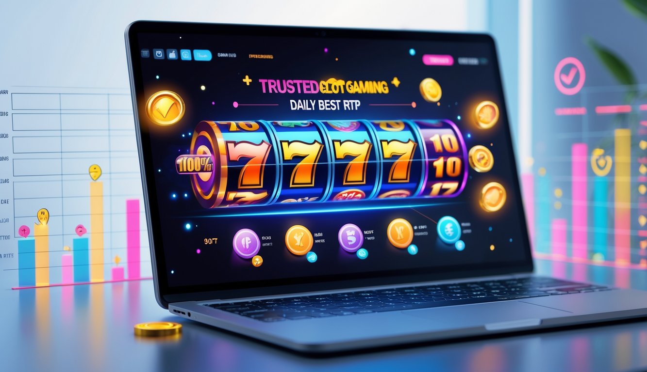 Layar komputer menampilkan permainan slot online dengan grafik warna-warni dan simbol kemenangan, dikelilingi ikon keamanan dan statistik, menunjukkan suasana permainan slot online yang terpercaya.