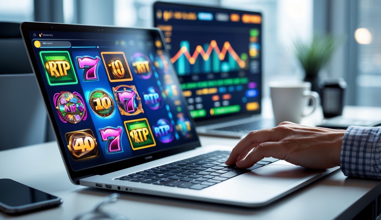 Seorang pemain menggunakan laptop untuk bermain slot online dengan grafik statistik RTP harian di layar di latar belakang.