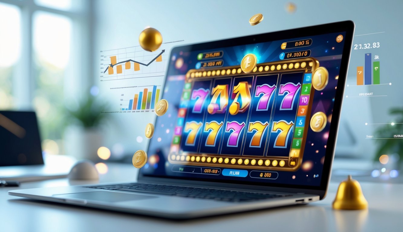 Seorang pengguna komputer dengan layar menampilkan permainan mesin slot online yang berwarna-warni, dikelilingi oleh grafik dan data yang menggambarkan analisis peluang menang.