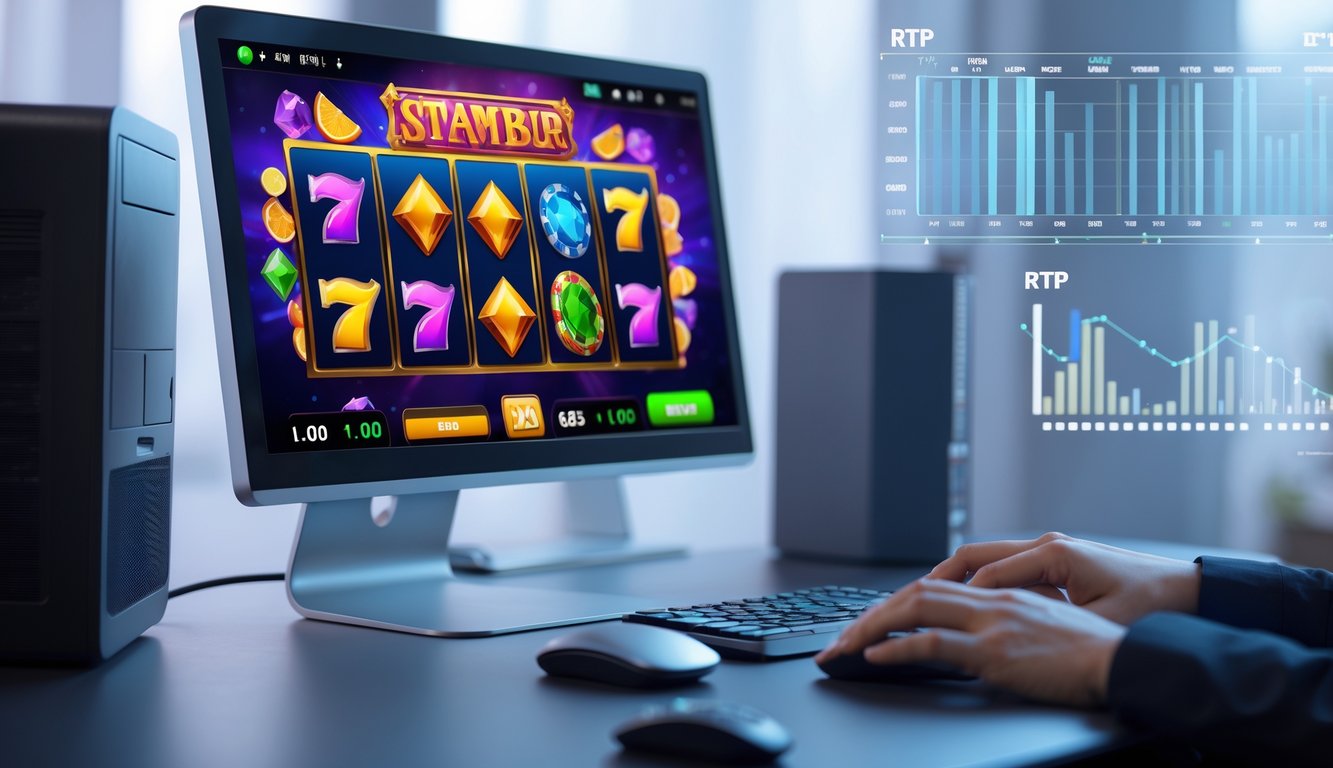 Seorang pengguna sedang bermain permainan slot online di komputer dengan grafik warna-warni dan elemen data terkait permainan di latar belakang.
