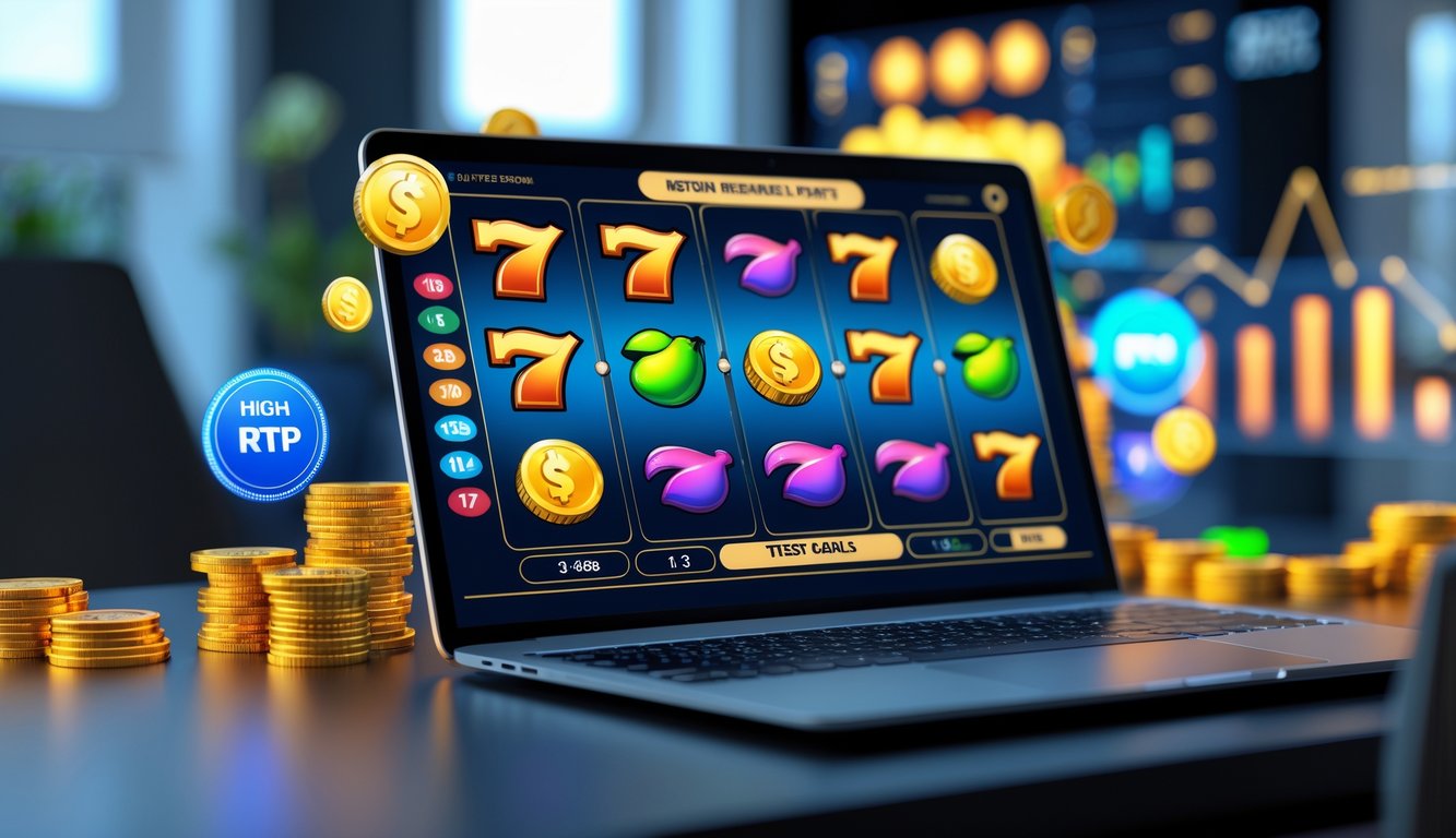 Seorang pemain sedang menggunakan laptop dengan layar menampilkan permainan slot online berwarna-warni di lingkungan kerja yang modern dan terang.