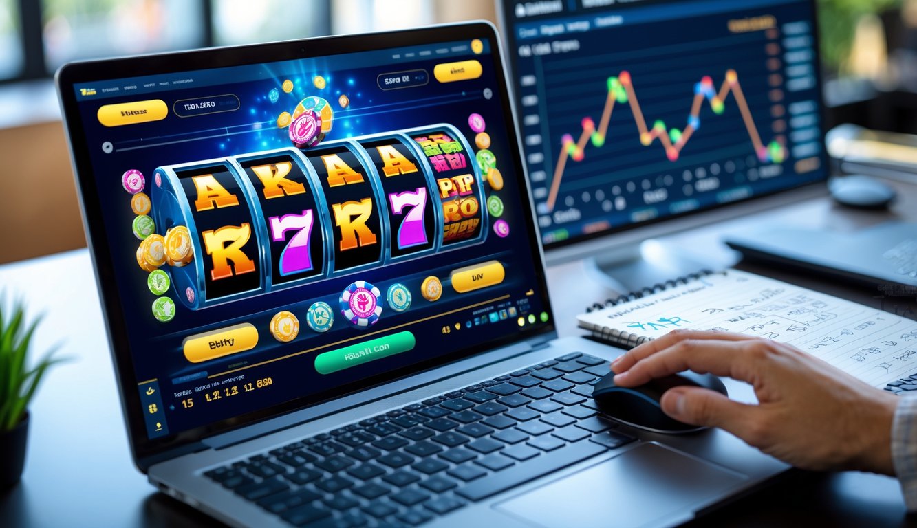 Seseorang menggunakan laptop dengan permainan slot online dan catatan strategi di meja kerja.