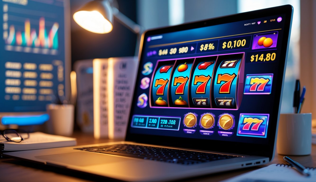 Seorang pemain sedang menggunakan komputer dengan permainan slot online di layar, dikelilingi catatan dan grafik strategi.