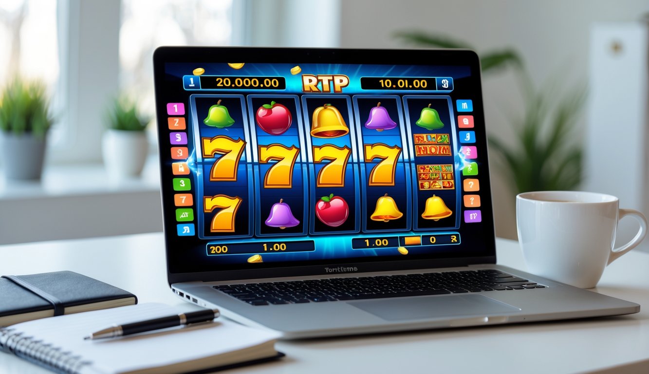 Seorang pria duduk di meja kerja dengan laptop yang menampilkan permainan mesin slot online, di sampingnya ada cangkir kopi dan buku catatan.