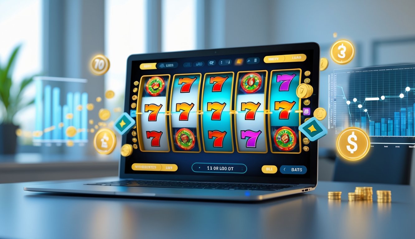 Seorang pengguna komputer dengan layar menampilkan mesin slot online berwarna-warni dan grafik data di sekitar, di dalam ruangan yang terang dan rapi.