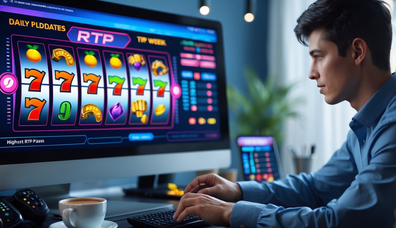 Seorang pria muda sedang menggunakan komputer dengan layar menampilkan permainan slot online penuh warna di ruang kerja yang nyaman.