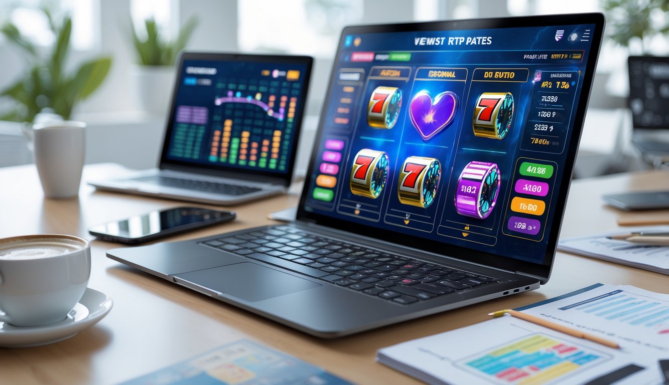 Sebuah ruang kerja modern dengan laptop yang menampilkan grafik mesin slot dan diagram RTP, dikelilingi catatan dan ponsel, menunjukkan aktivitas pemantauan harian permainan slot online.