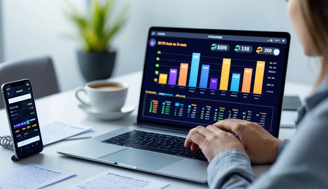 Seseorang sedang menggunakan laptop dengan tampilan grafik permainan slot dan data statistik di meja kerja yang rapi.
