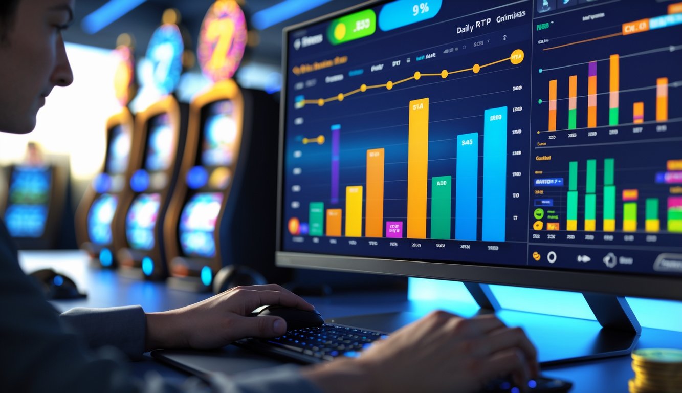 Sebuah ruang kerja modern dengan komputer yang menampilkan grafik persentase RTP harian untuk permainan slot online.
