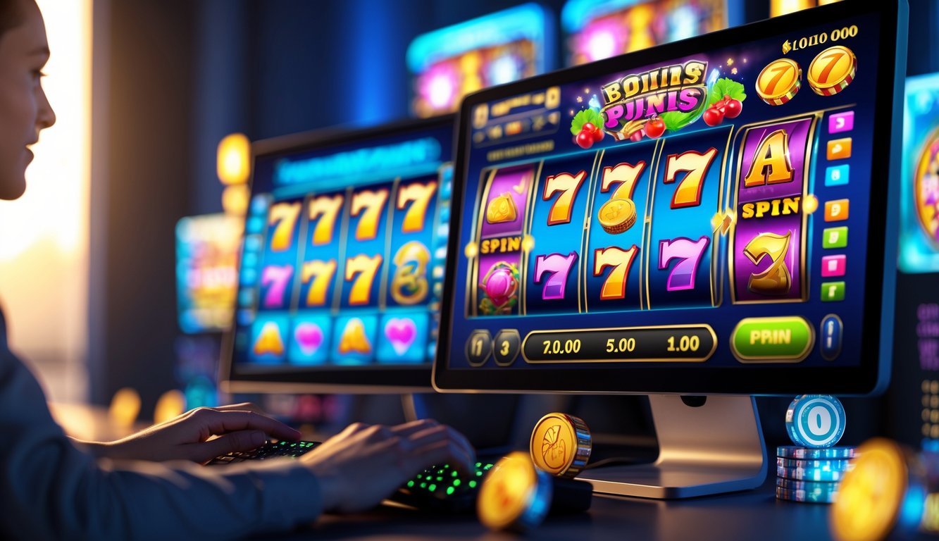 Seseorang sedang bermain mesin slot online di komputer dengan tampilan layar penuh simbol slot yang berwarna-warni.