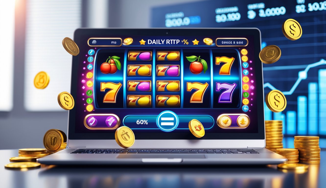 Sebuah komputer dengan layar menampilkan permainan slot online berwarna-warni dan koin emas di sekitarnya, menggambarkan konsep permainan slot dan bonus harian.