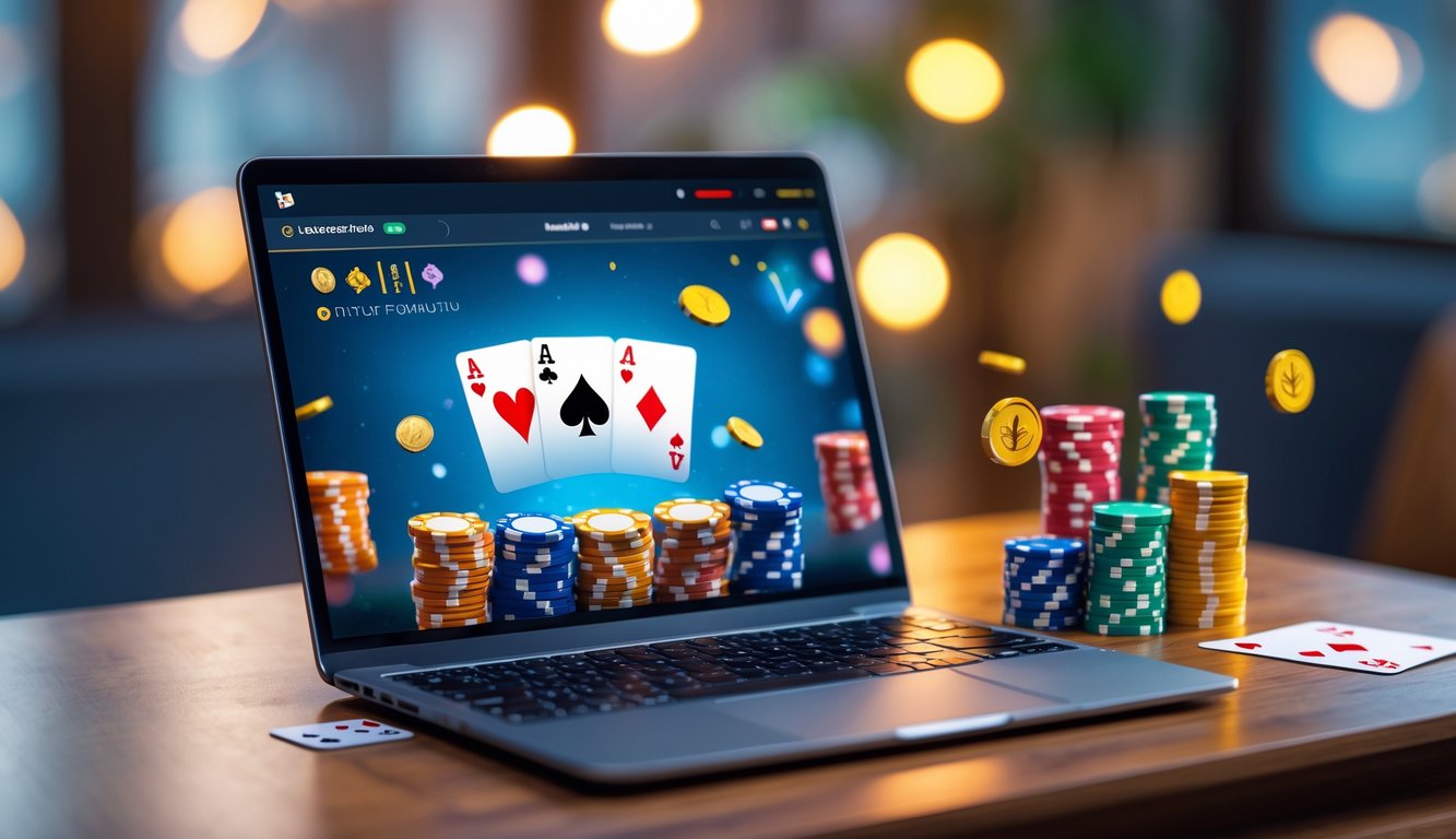 Seorang laptop dengan permainan poker online terbuka di atas meja kayu, dikelilingi oleh tumpukan chip poker dan kartu bermain, dalam ruangan yang nyaman dengan pencahayaan hangat.