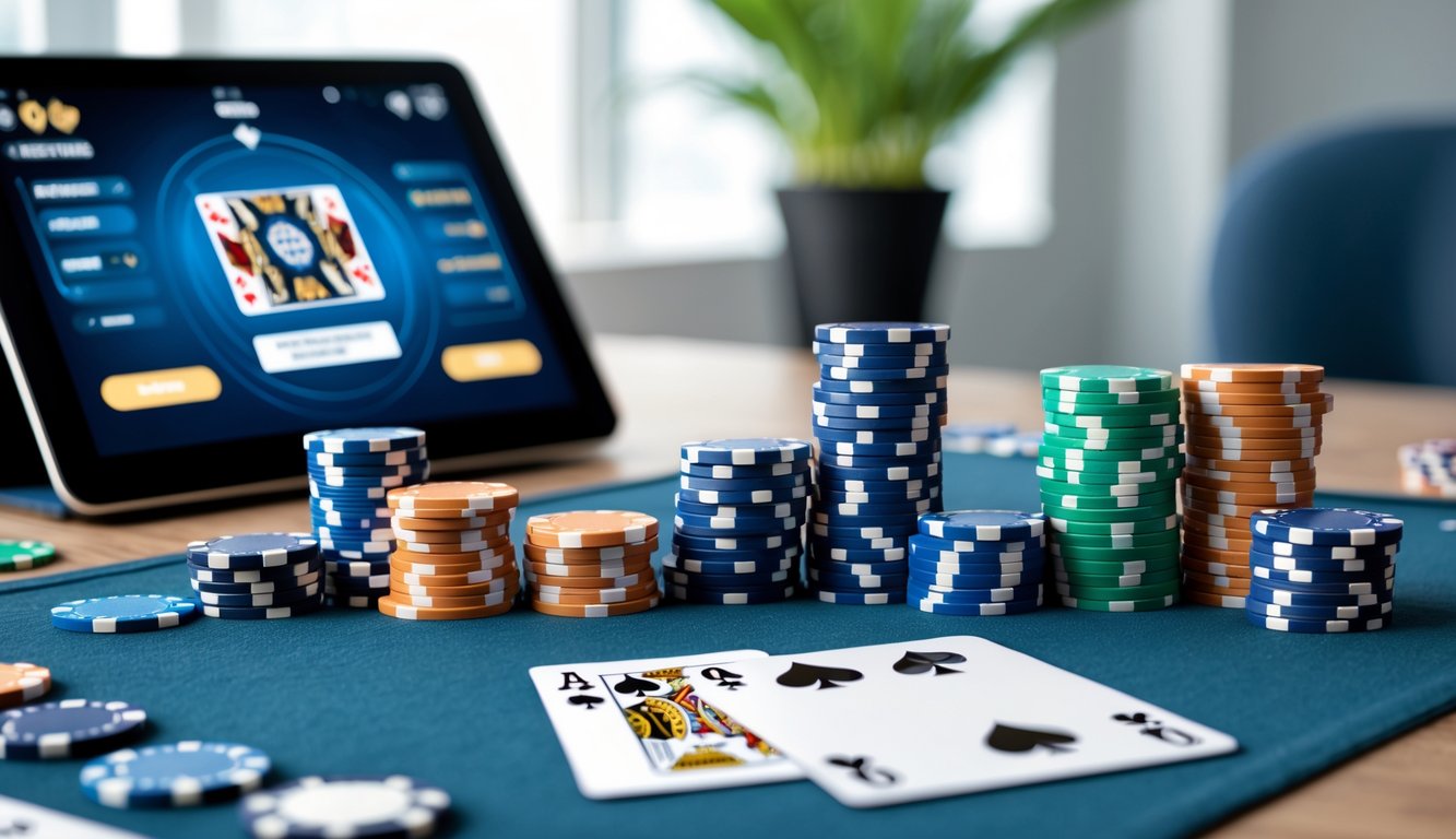 Meja poker dengan tumpukan chip warna-warni, kartu remi, dan tablet yang menampilkan permainan poker online.