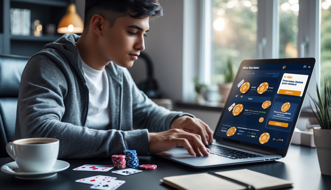 Seorang dewasa muda sedang fokus bermain poker online di laptop dengan chip poker dan kartu di meja, di ruang kerja modern yang terang.