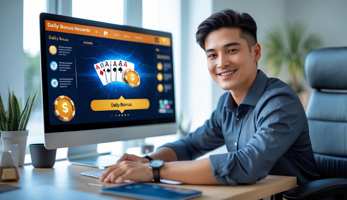 Seorang dewasa muda duduk di depan komputer dengan permainan poker online di layar, di ruang kerja yang terang dan rapi.
