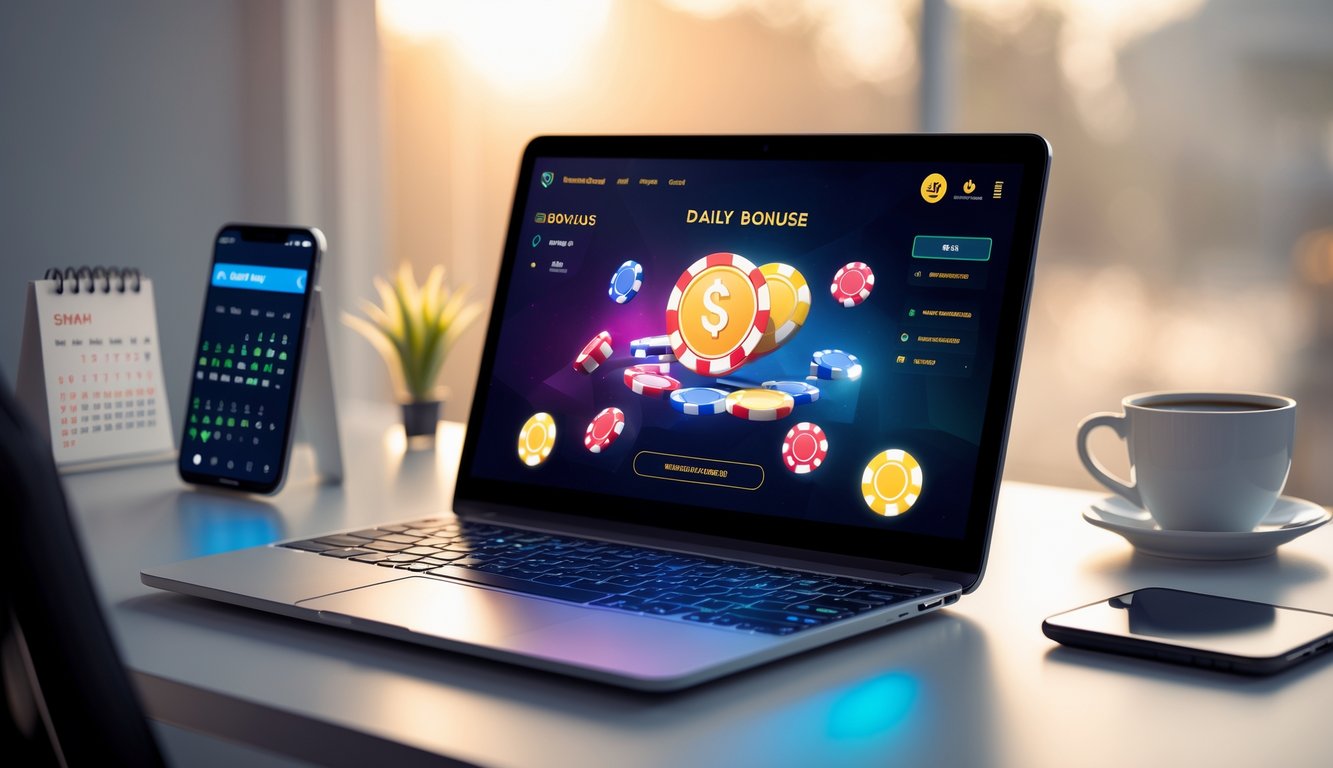 Seorang pemain poker online menggunakan laptop dengan tampilan permainan poker dan simbol bonus harian di layar, dikelilingi kalender dan ponsel di meja.