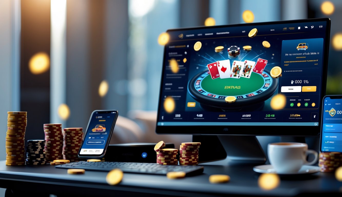 Meja dengan komputer menampilkan permainan poker online dan tumpukan chip poker di sekitarnya.
