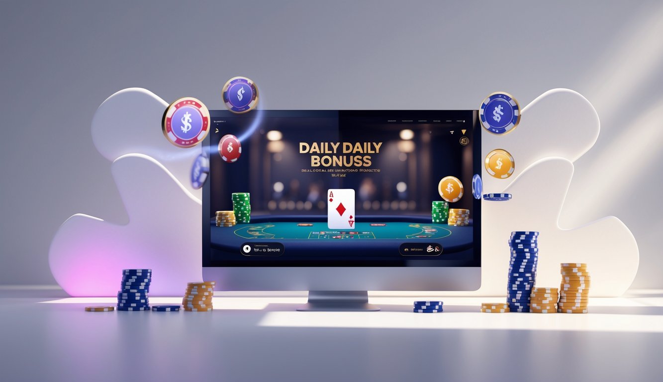 Tampilan layar komputer dengan permainan poker online dan tumpukan chip poker di sekitarnya.