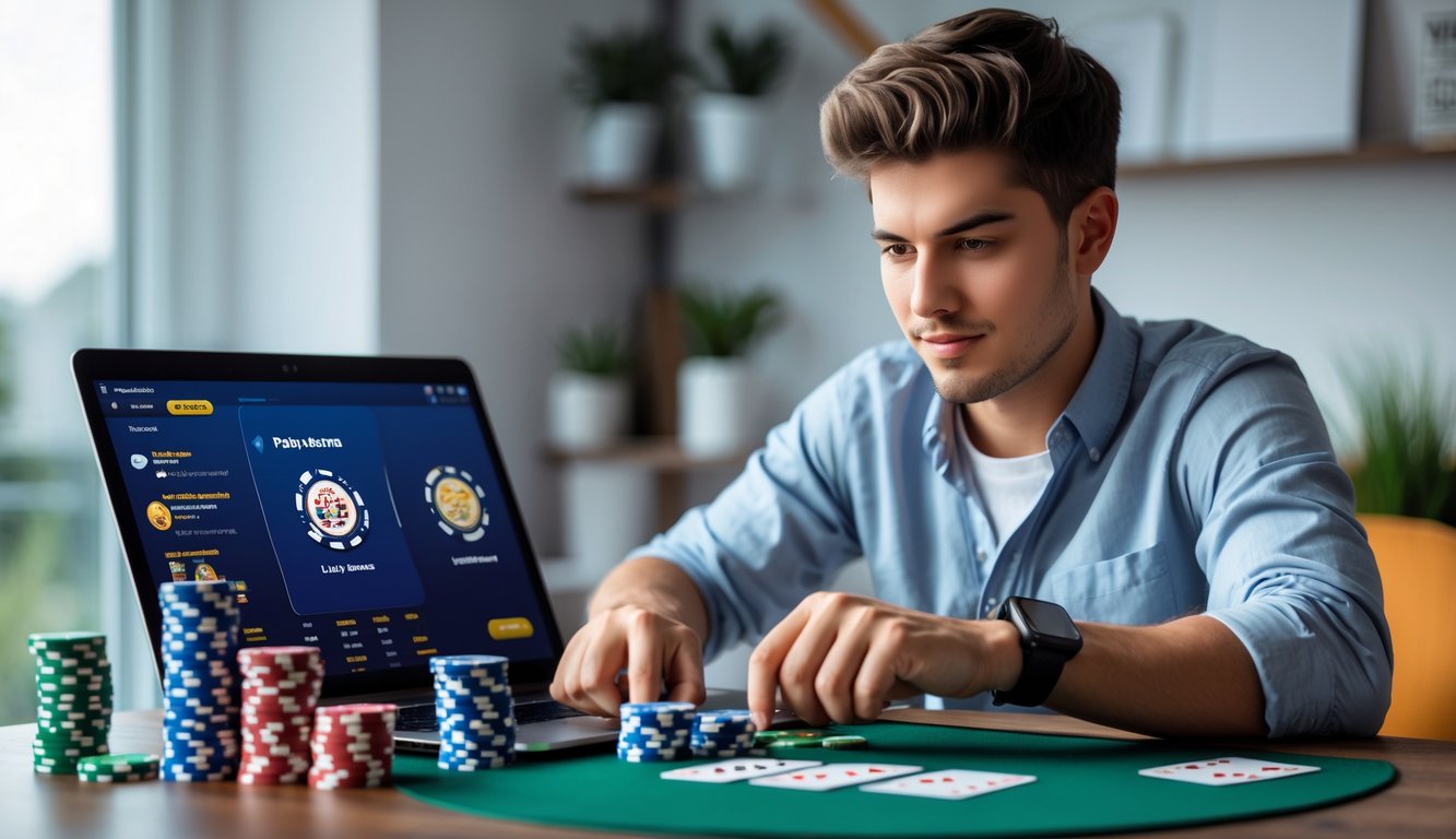 Seorang dewasa muda fokus bermain poker online di laptop dengan chip poker dan kartu di meja, di ruang kerja rumah yang rapi.