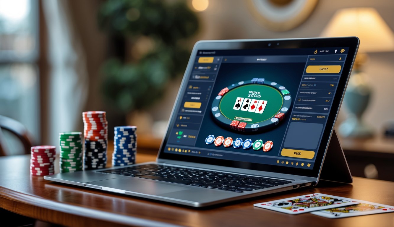Seorang pemain poker online menggunakan komputer dengan tumpukan chip poker dan kartu di atas meja kayu.