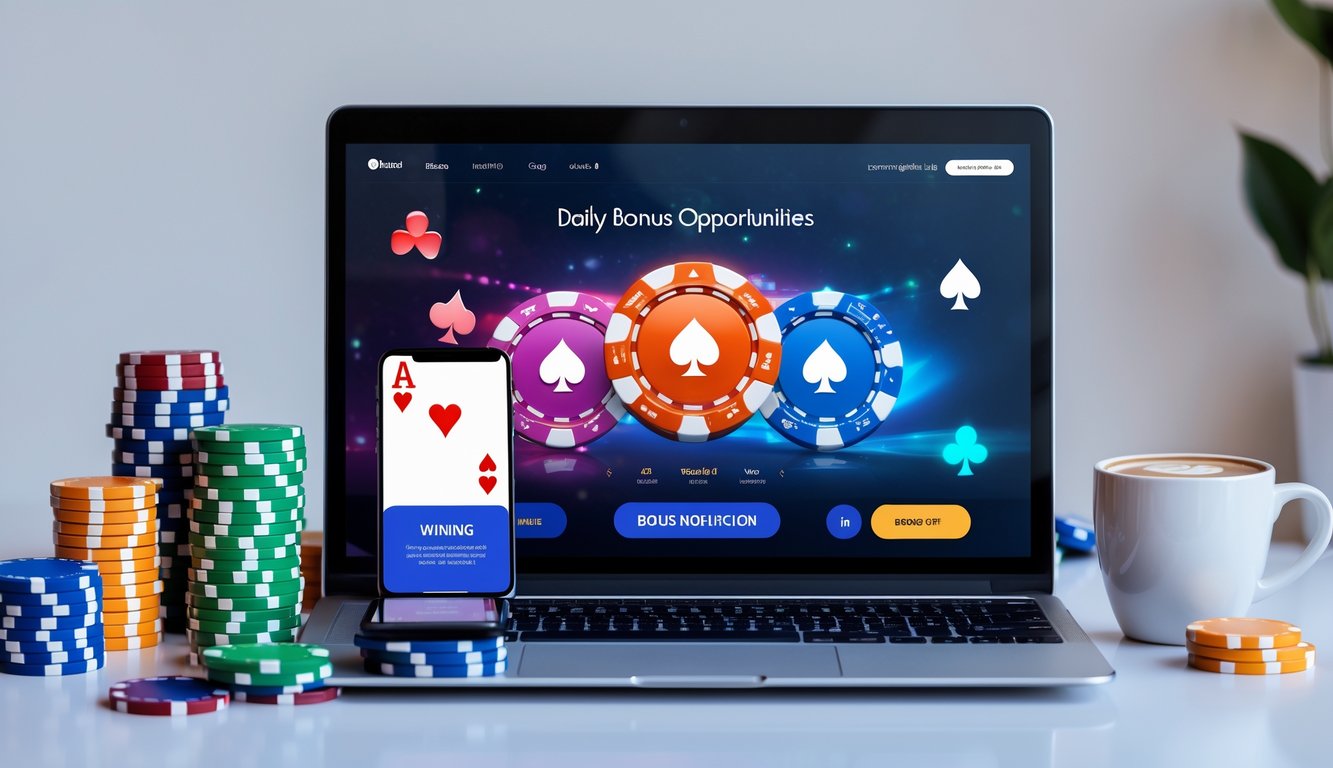 Seorang pemain poker online menggunakan laptop dengan tumpukan chip poker dan kartu di meja, menunjukkan suasana permainan yang fokus dan penuh peluang menang setiap hari.