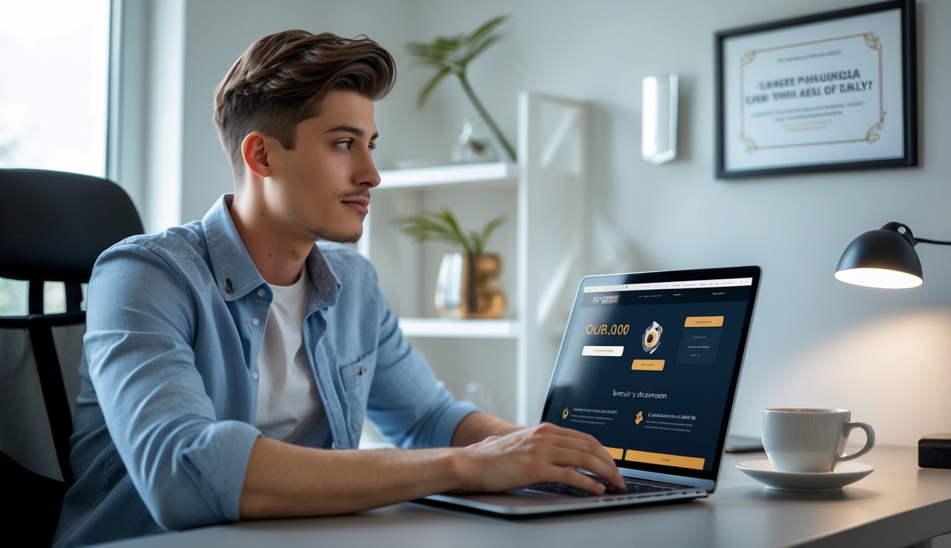 Seseorang duduk di meja kerja dengan laptop, fokus menggunakan situs poker online terpercaya.