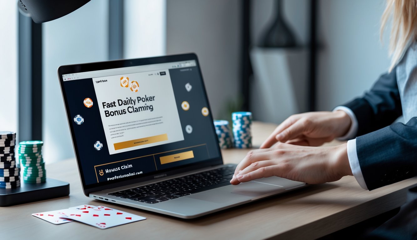 Seseorang menggunakan laptop di meja kerja dengan chip poker dan kartu remi di sekitar, menunjukkan proses klaim bonus harian di situs poker online.