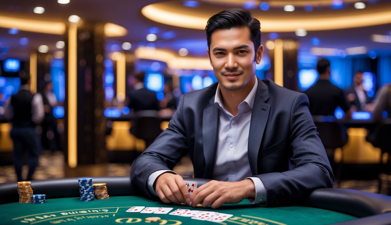 Seorang pemain poker dewasa duduk di meja poker dengan kartu dan tumpukan chip di kasino modern.