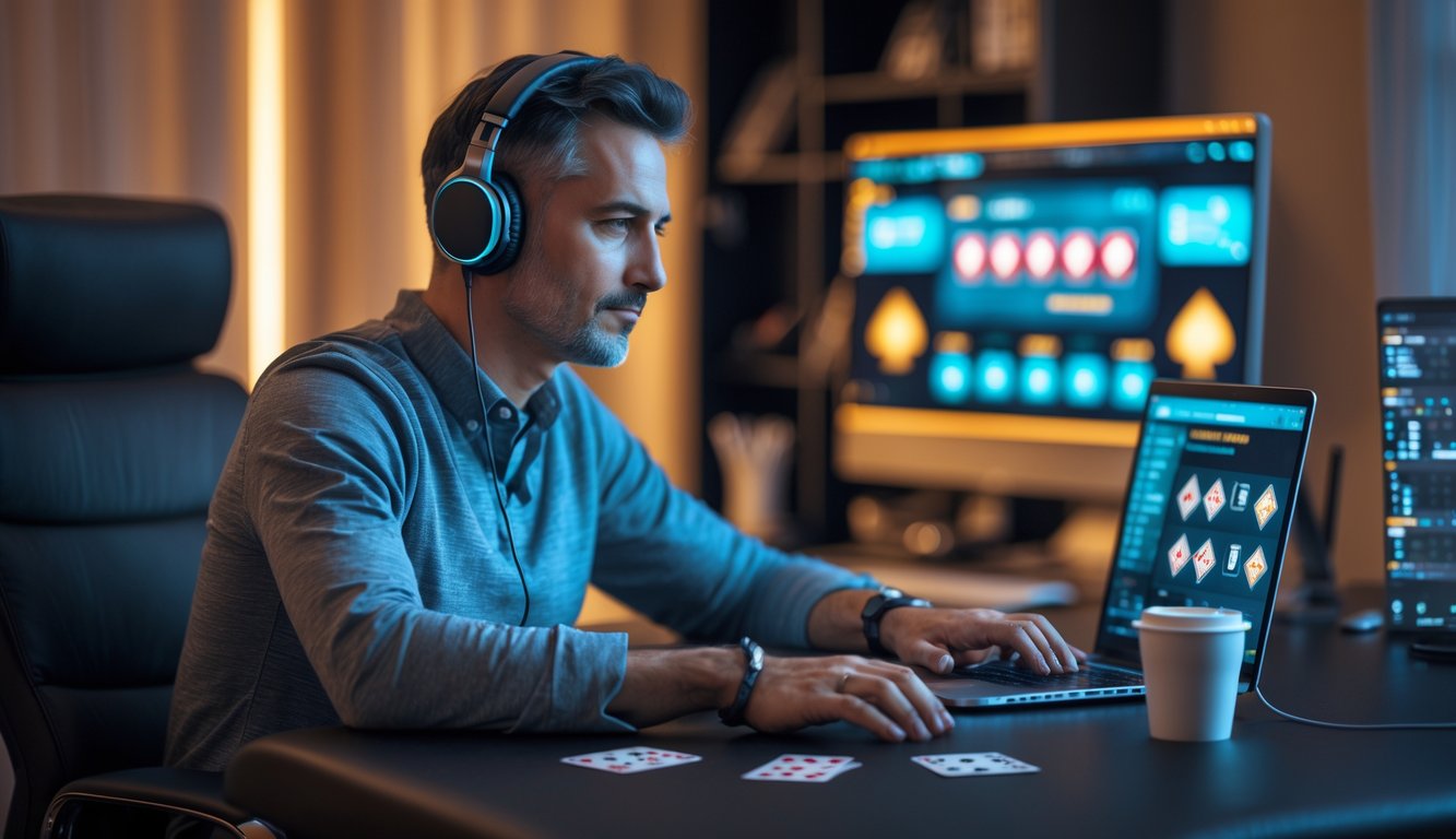 Seorang pria dewasa duduk di meja dengan laptop, bermain poker online dengan tumpukan chip dan kartu di meja.