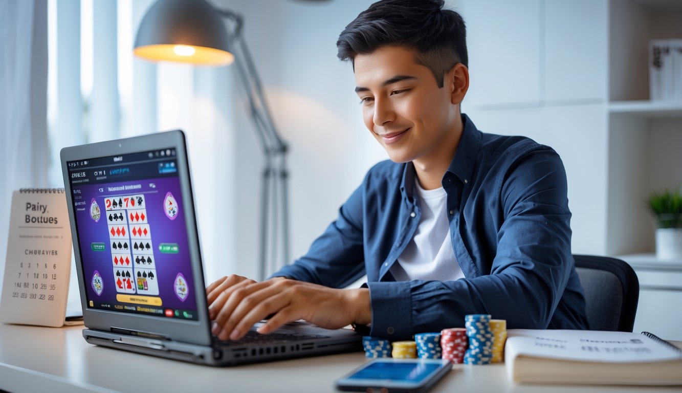 Seorang dewasa muda bermain poker online di laptop di ruang kerja modern dengan kartu dan chip poker di meja.