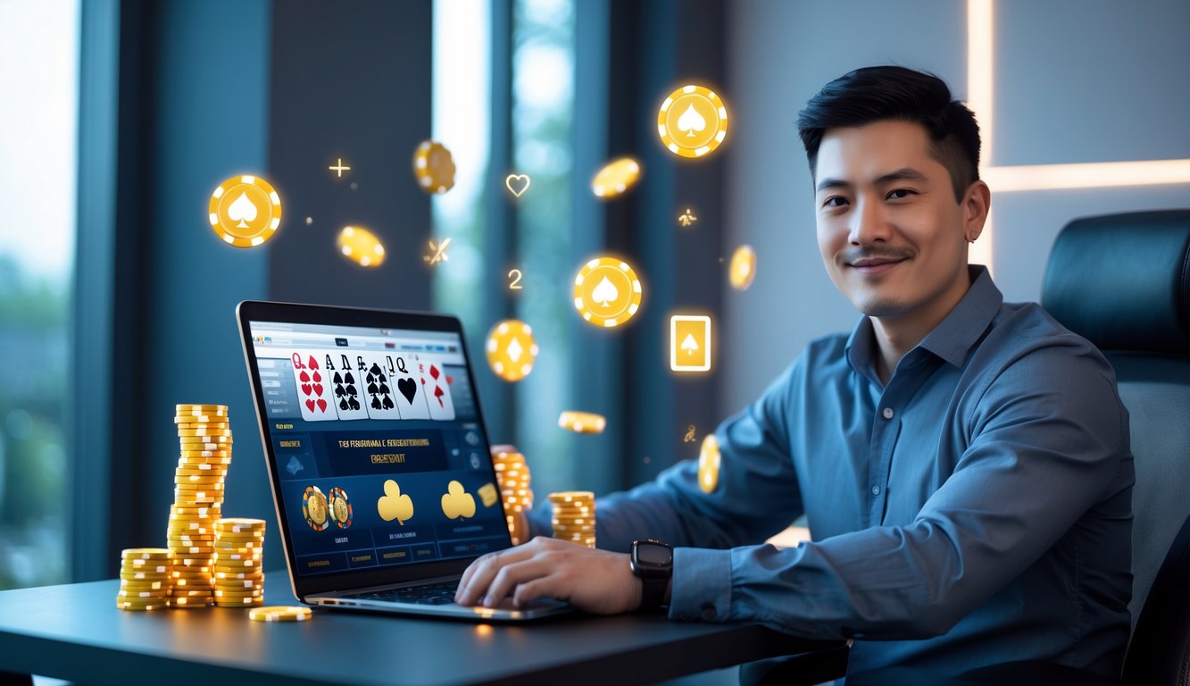 Seorang pria duduk di depan laptop dengan tampilan permainan poker online dan grafik chip serta kartu yang melayang di sekitarnya.