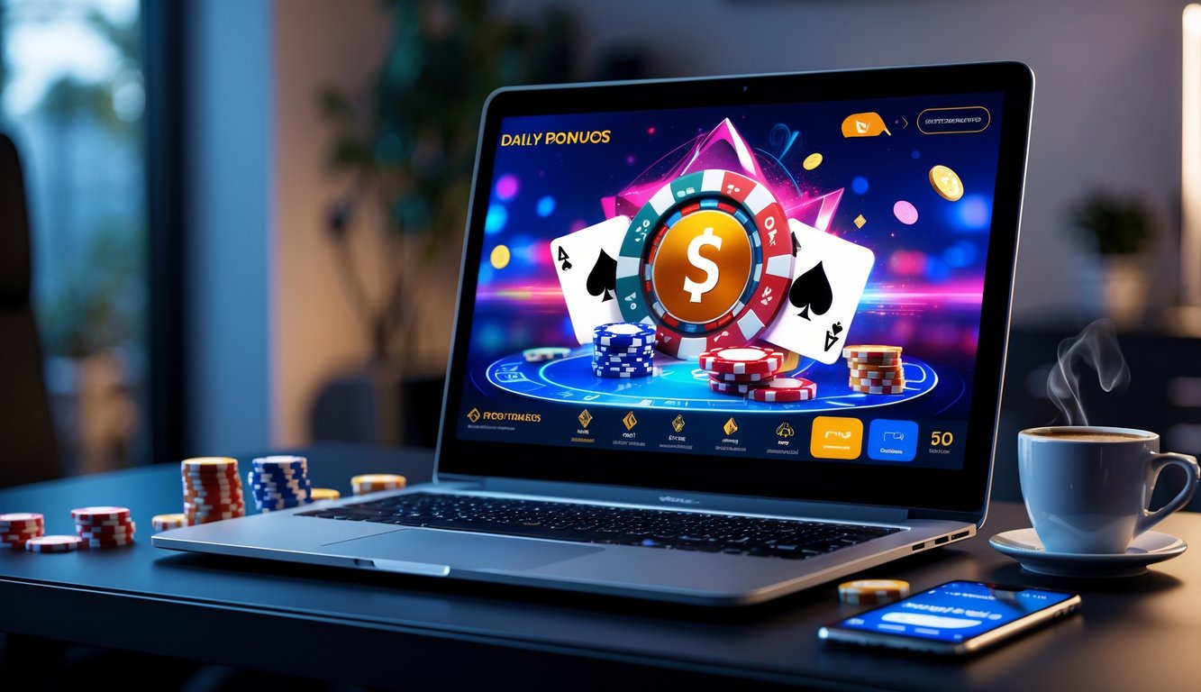 Sebuah meja dengan komputer yang menampilkan permainan poker online, chip poker, kartu bermain, dan ponsel dengan notifikasi bonus di ruangan yang terang dan modern.