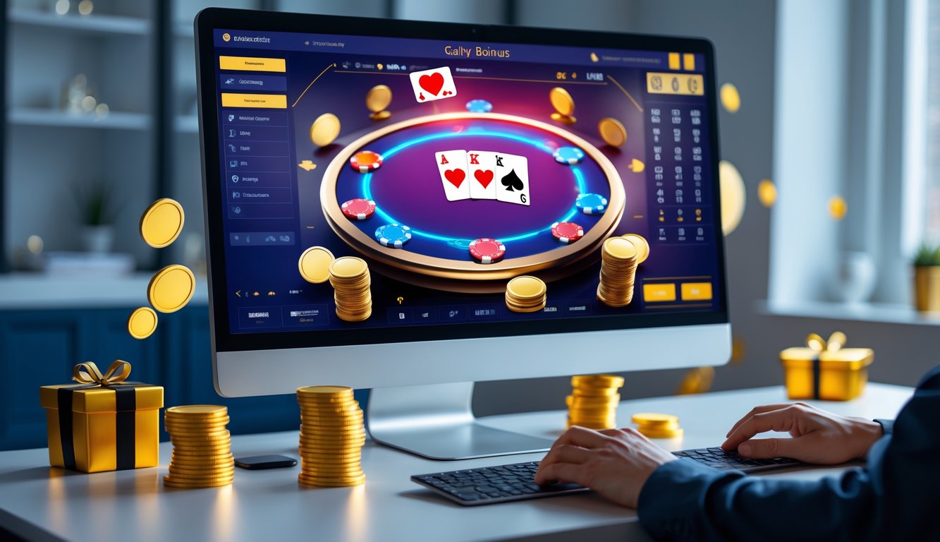 Seorang pengguna sedang bermain poker online di komputer dengan tampilan meja poker, chip, dan kartu, dikelilingi oleh simbol koin emas dan hadiah yang menunjukkan bonus harian.