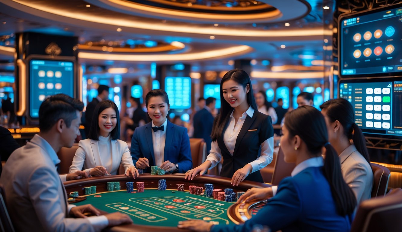 Suasana kasino langsung di Asia dengan pemain dan dealer profesional yang sedang bermain di meja permainan dalam lingkungan mewah dan modern.