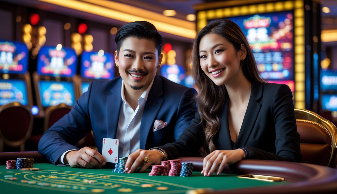 Seorang pria dan wanita Asia duduk di meja permainan kasino langsung dengan suasana mewah dan lampu berwarna-warni, tampak fokus dan bersemangat bermain.
