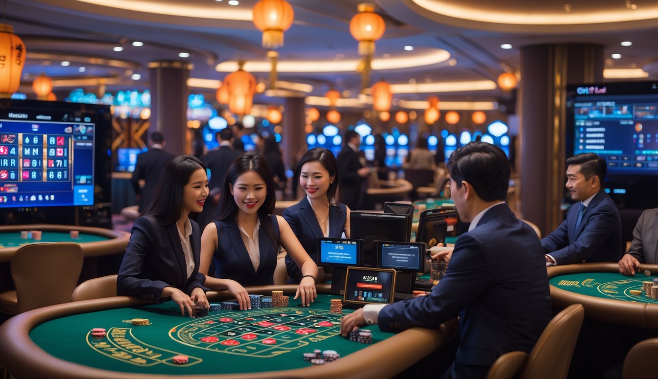 Orang-orang bermain permainan kasino langsung di meja kasino dengan suasana modern dan elegan di dalam ruangan.