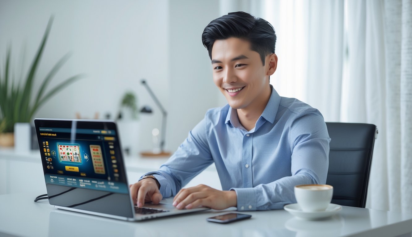 Seorang pria muda duduk di meja dengan laptop, tampak fokus dan tersenyum saat menggunakan platform kasino online di ruang kerja yang terang dan rapi.