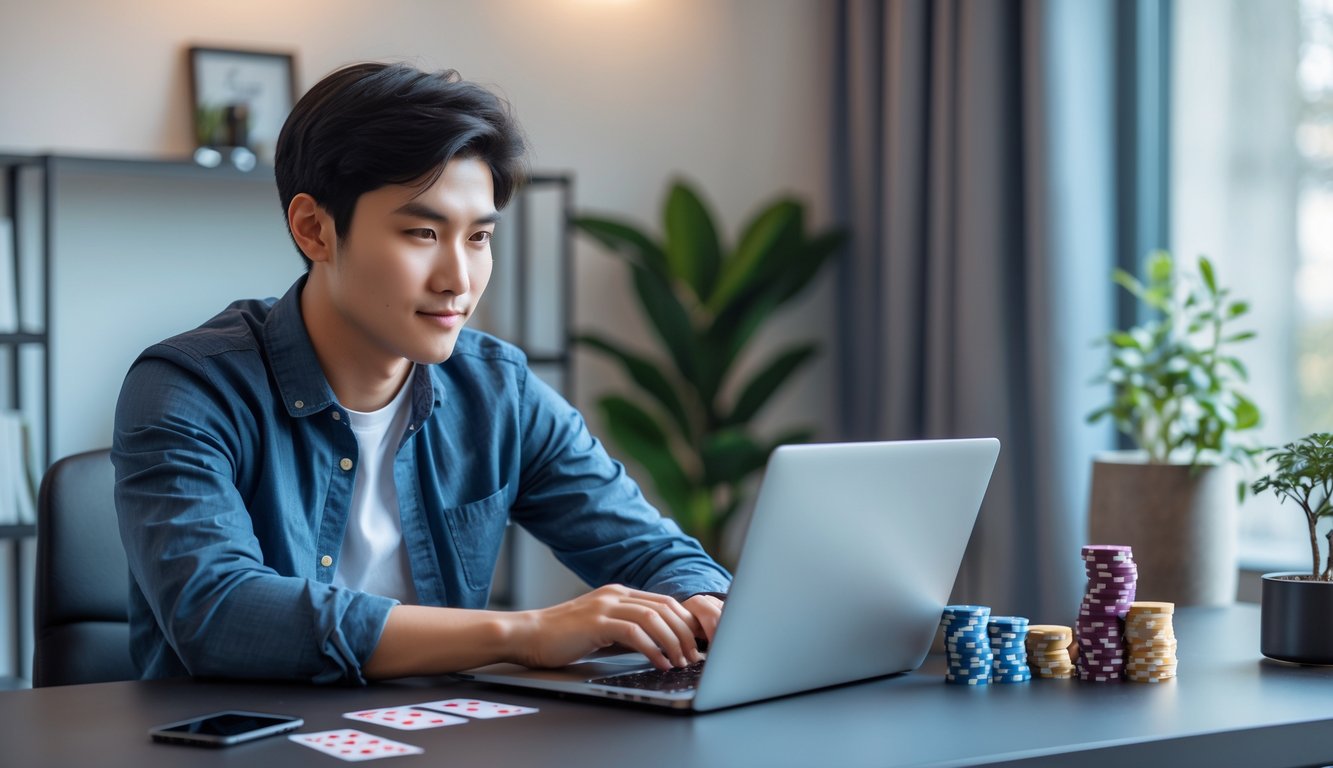 Seorang pria Asia duduk di meja modern bermain permainan kasino langsung di laptop dengan suasana ruangan yang nyaman dan terang.