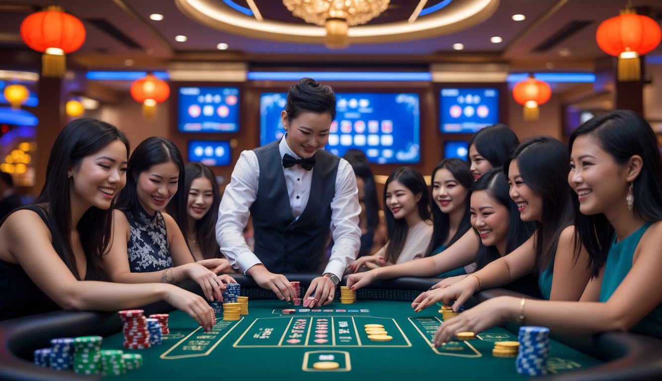 Suasana meja kasino langsung dengan dealer dan pemain yang sedang bermain, menampilkan elemen dekorasi bertema Asia dan suasana yang hidup dan menarik.