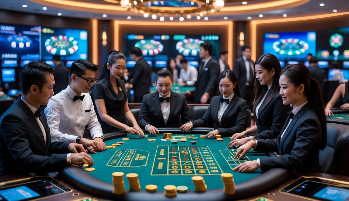 Suasana kasino langsung Asia dengan dealer dan pemain yang sedang bermain di meja permainan, staf layanan pelanggan yang membantu, dan layar besar menampilkan permainan secara langsung.