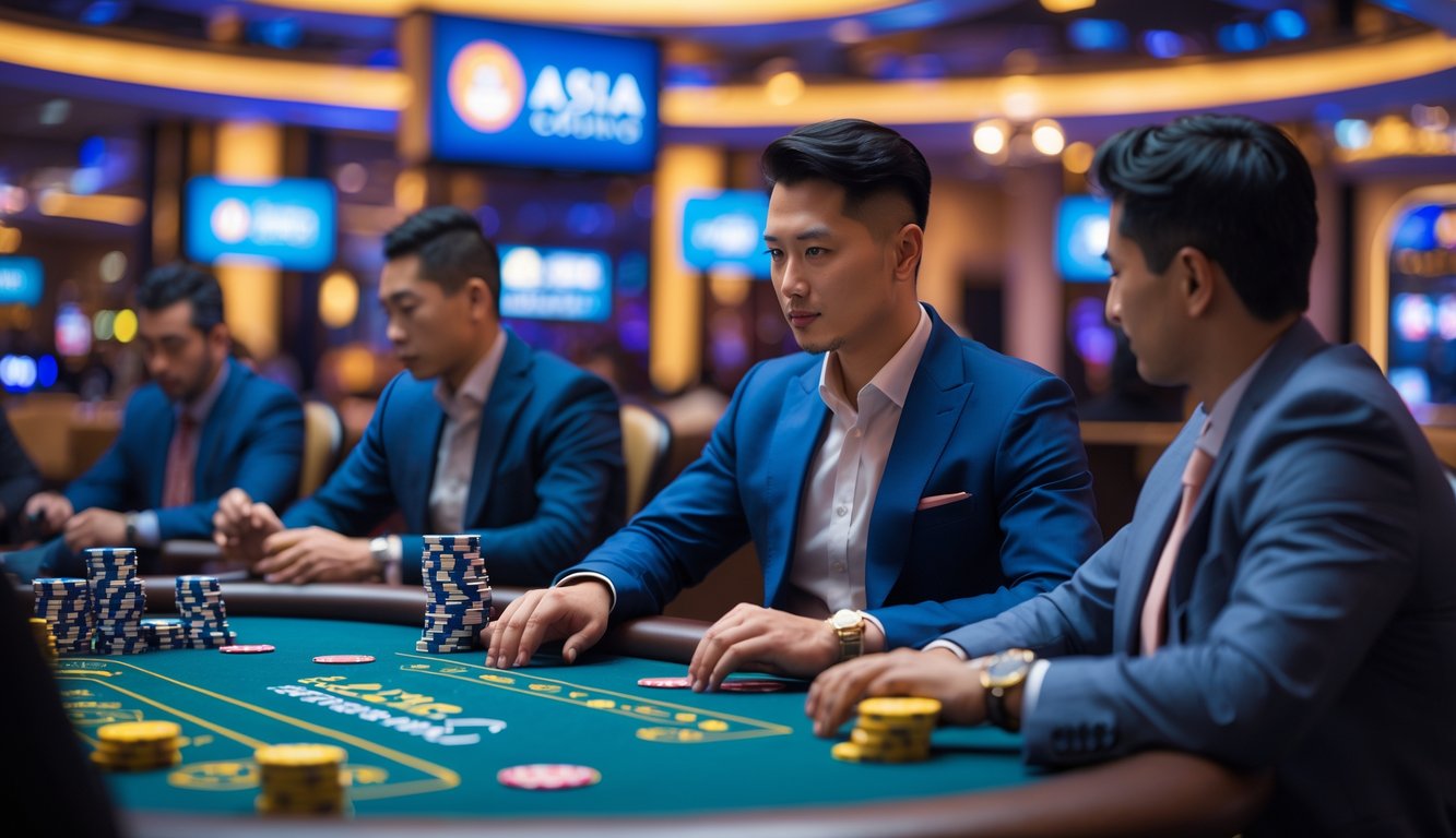 Seorang pemain profesional sedang bermain di meja kasino langsung dengan kartu dan chip di kasino Asia yang modern dan terang.