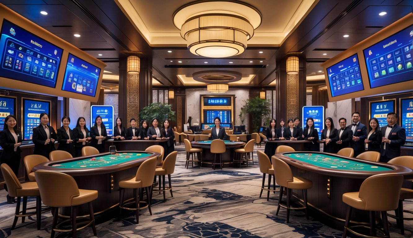 Suasana kasino langsung yang mewah dengan meja permainan dan dealer yang ramah, menampilkan pemain yang fokus dan antusias dalam lingkungan kasino modern bertema Asia.