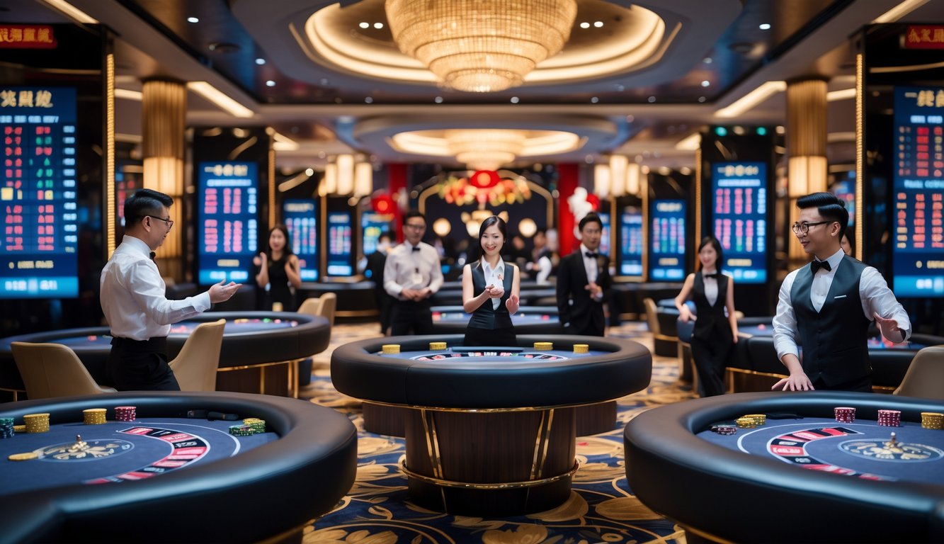 Suasana lantai kasino langsung modern dengan meja permainan dan dealer yang sedang melayani pemain, dilengkapi peralatan streaming dan dekorasi bernuansa Asia.