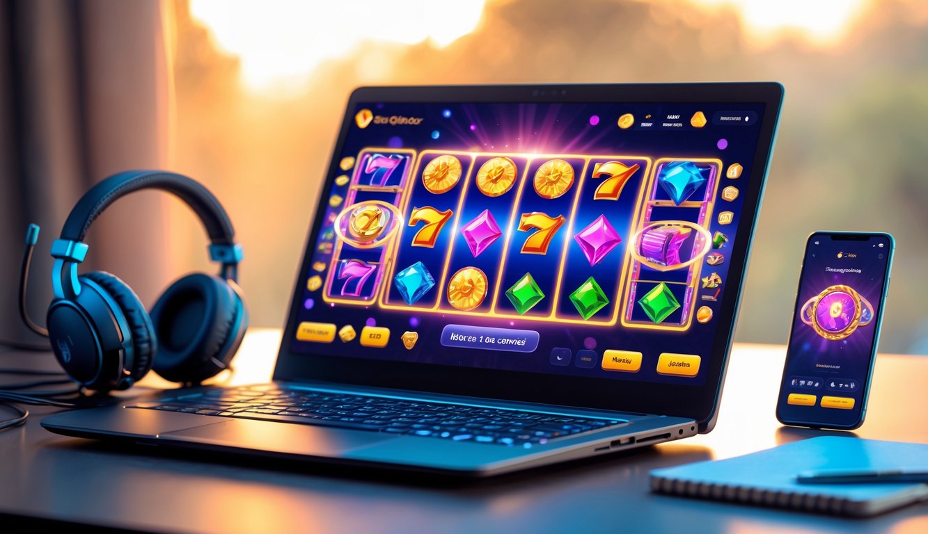 Seorang pengguna duduk di depan komputer dengan layar menampilkan permainan slot online berwarna-warni, dikelilingi oleh aksesori permainan dan suasana ruangan yang hangat.
