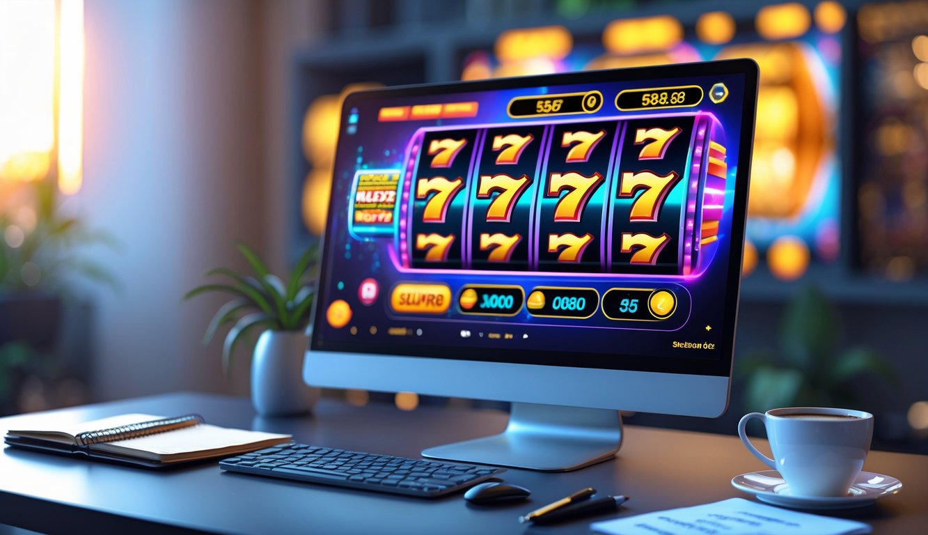 Seorang pemain duduk di depan komputer dengan layar menampilkan permainan slot online yang berwarna-warni, di meja terdapat buku catatan dan cangkir kopi.