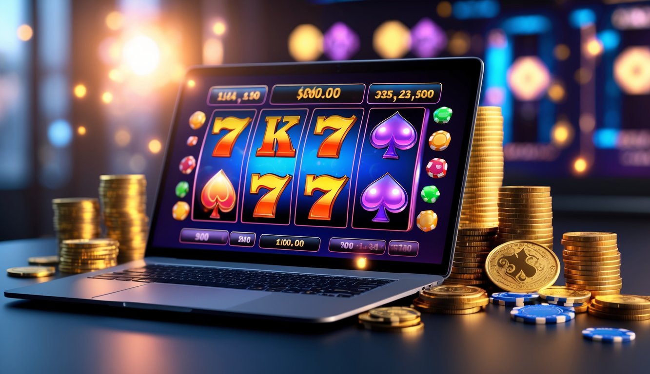 Sebuah komputer dengan layar menampilkan permainan slot online berwarna cerah, dikelilingi oleh koin emas dan chip poker.
