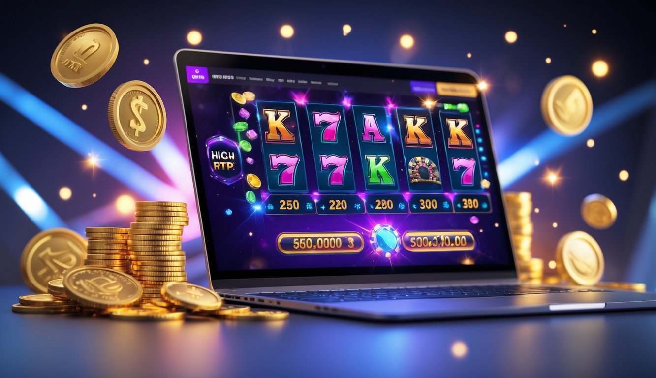 Sebuah layar komputer menampilkan permainan slot online berwarna-warni dengan koin emas dan lampu kasino di sekitarnya.