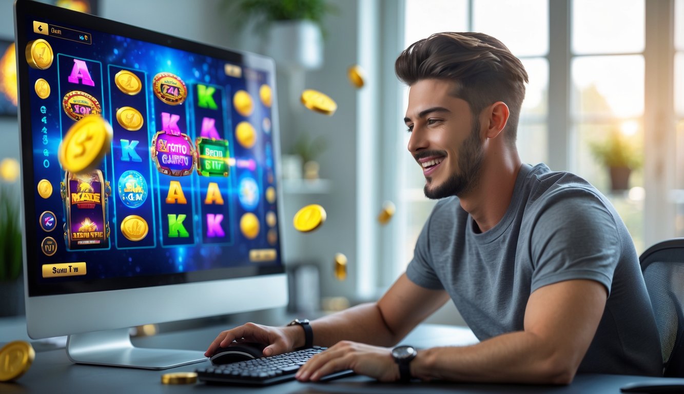 Seorang pria muda duduk di meja dengan komputer yang menampilkan permainan slot online berwarna-warni, terlihat fokus dan bersemangat bermain game slot.