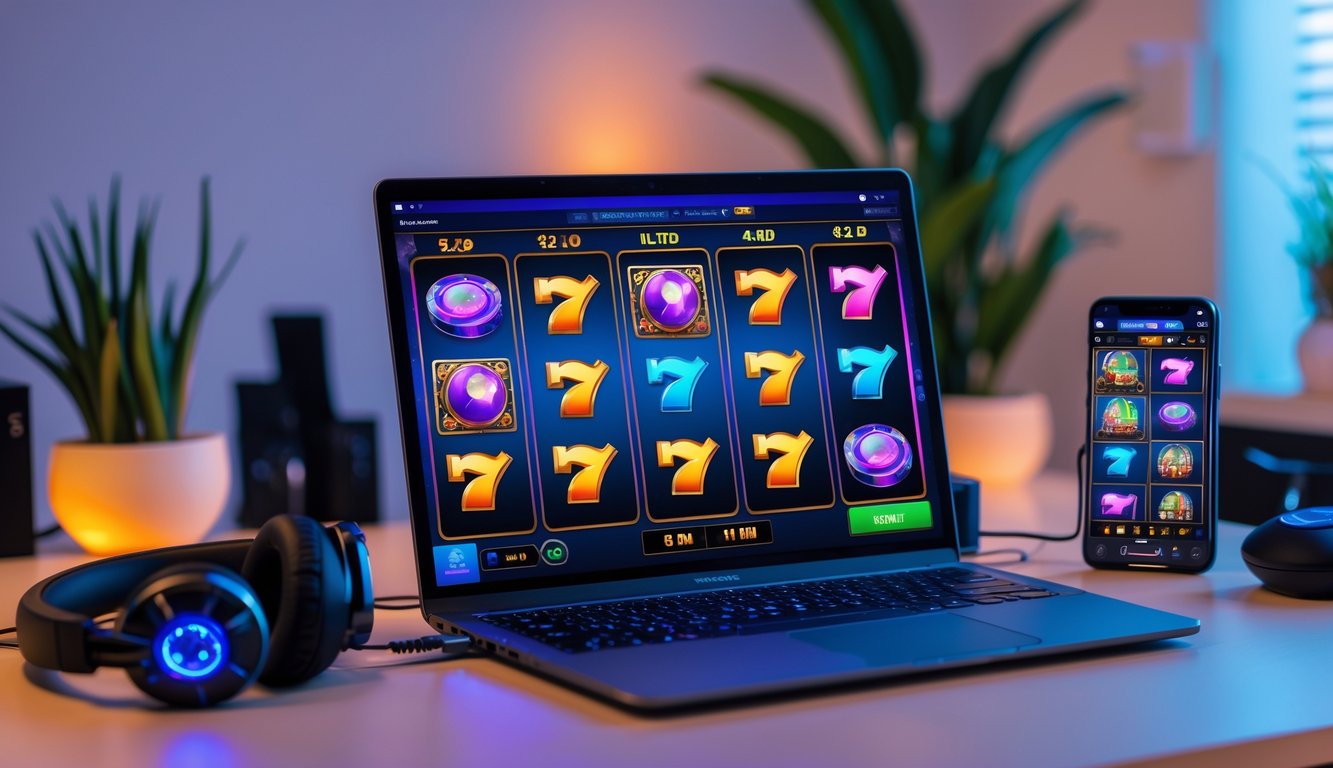 Sebuah laptop modern menampilkan permainan slot online dengan simbol warna-warni, dikelilingi oleh aksesori gaming di ruang kerja yang rapi dan terang.